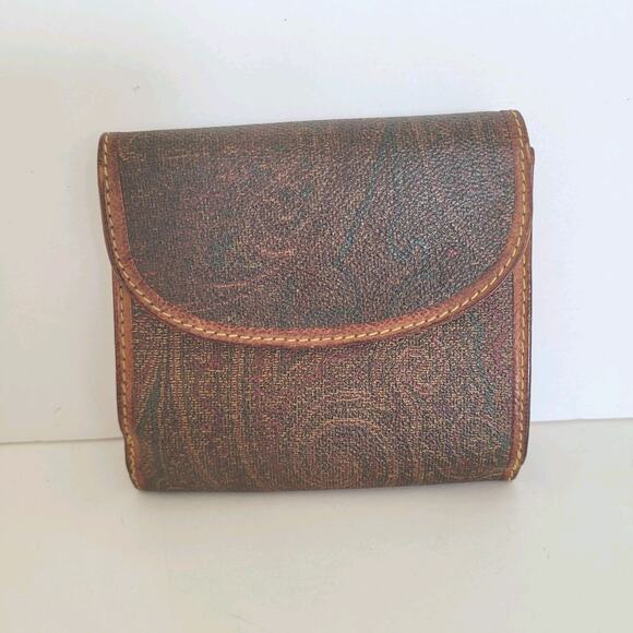 Etro Vintage Brown Paisley Medium Leather Wallet Compact Logo Italian Bifold - Picture 1 of 14